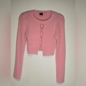 Pink Fuzzy Heart-Link Cropped Cardigan